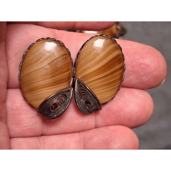 Vintage W Germany Porphyry Earring Set Floral Glass Caramel Root Beer - Picture 5 of 8